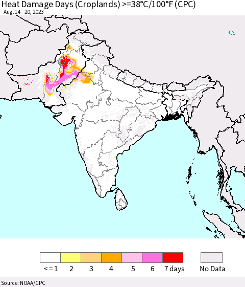 Southern Asia Heat Damage Days (Croplands) >=38°C/100°F (CPC) Thematic Map For 8/14/2023 - 8/20/2023