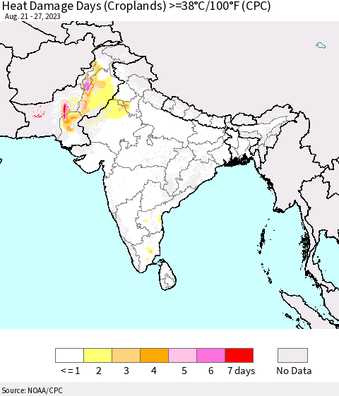 Southern Asia Heat Damage Days (Croplands) >=38°C/100°F (CPC) Thematic Map For 8/21/2023 - 8/27/2023