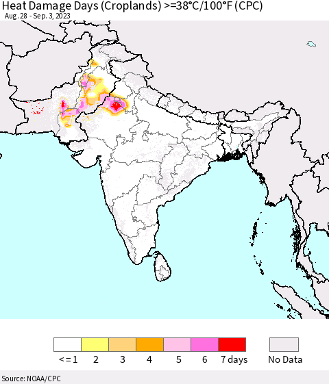 Southern Asia Heat Damage Days (Croplands) >=38°C/100°F (CPC) Thematic Map For 8/28/2023 - 9/3/2023