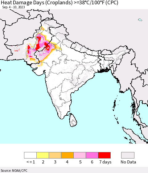Southern Asia Heat Damage Days (Croplands) >=38°C/100°F (CPC) Thematic Map For 9/4/2023 - 9/10/2023