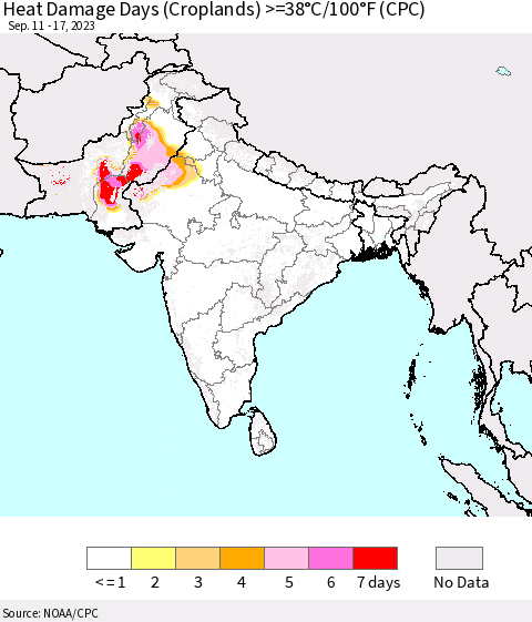 Southern Asia Heat Damage Days (Croplands) >=38°C/100°F (CPC) Thematic Map For 9/11/2023 - 9/17/2023