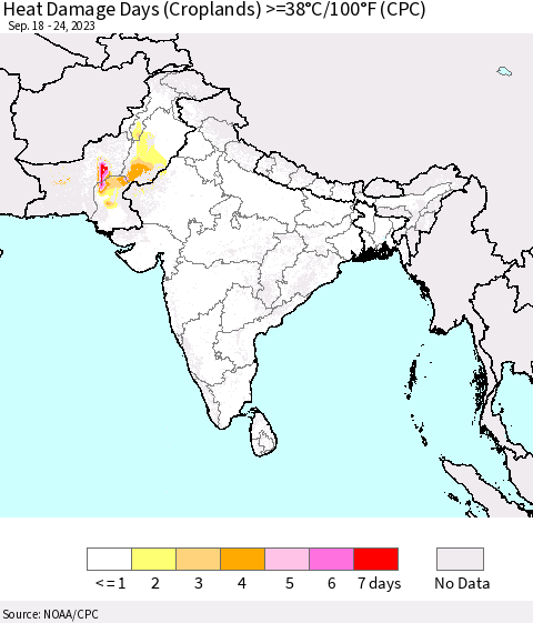 Southern Asia Heat Damage Days (Croplands) >=38°C/100°F (CPC) Thematic Map For 9/18/2023 - 9/24/2023