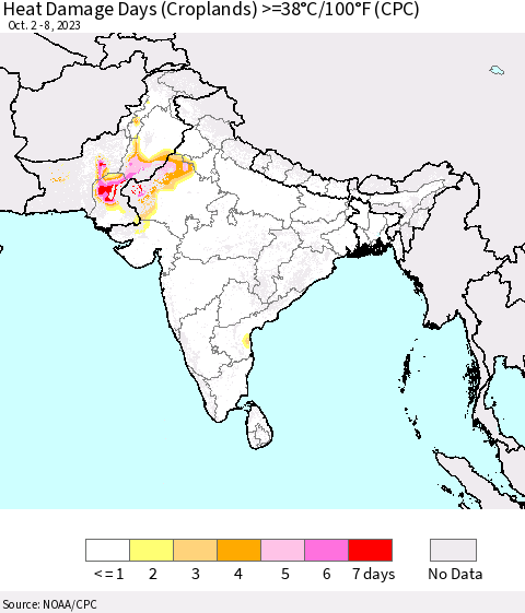 Southern Asia Heat Damage Days (Croplands) >=38°C/100°F (CPC) Thematic Map For 10/2/2023 - 10/8/2023