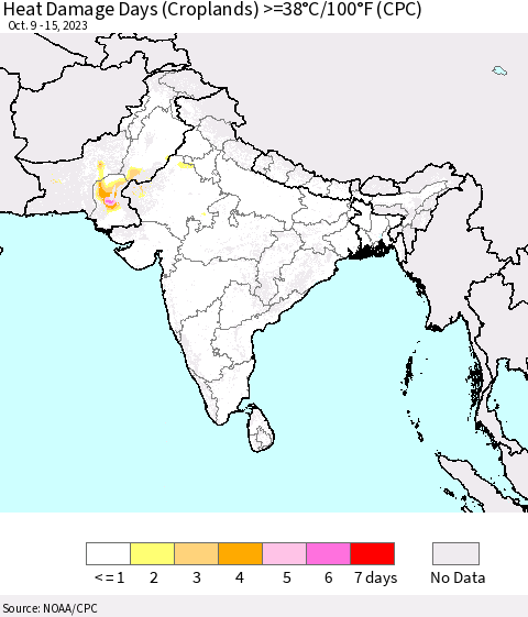Southern Asia Heat Damage Days (Croplands) >=38°C/100°F (CPC) Thematic Map For 10/9/2023 - 10/15/2023