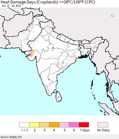 Southern Asia Heat Damage Days (Croplands) >=38°C/100°F (CPC) Thematic Map For 10/23/2023 - 10/29/2023