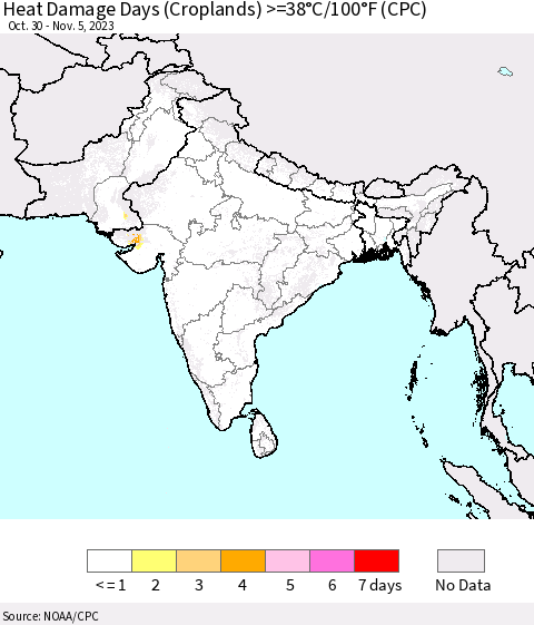 Southern Asia Heat Damage Days (Croplands) >=38°C/100°F (CPC) Thematic Map For 10/30/2023 - 11/5/2023