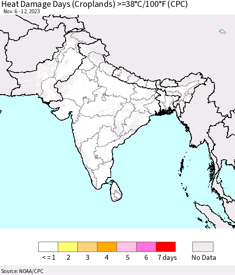 Southern Asia Heat Damage Days (Croplands) >=38°C/100°F (CPC) Thematic Map For 11/6/2023 - 11/12/2023