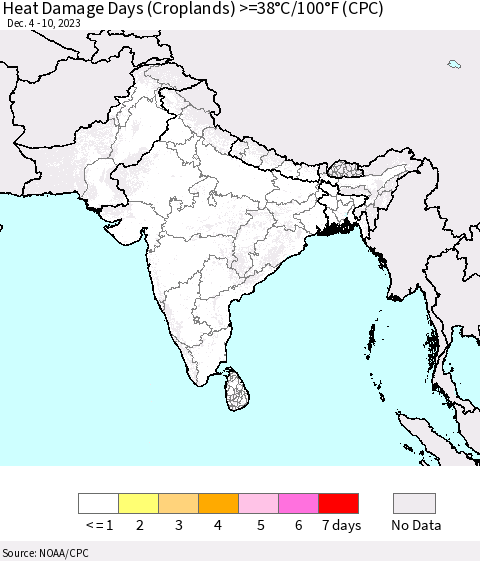Southern Asia Heat Damage Days (Croplands) >=38°C/100°F (CPC) Thematic Map For 12/4/2023 - 12/10/2023