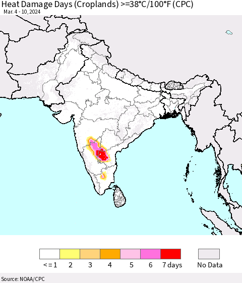 Southern Asia Heat Damage Days (Croplands) >=38°C/100°F (CPC) Thematic Map For 3/4/2024 - 3/10/2024