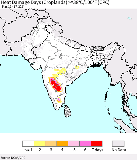 Southern Asia Heat Damage Days (Croplands) >=38°C/100°F (CPC) Thematic Map For 3/11/2024 - 3/17/2024