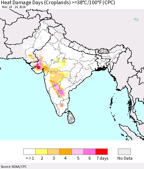 Southern Asia Heat Damage Days (Croplands) >=38°C/100°F (CPC) Thematic Map For 3/18/2024 - 3/24/2024