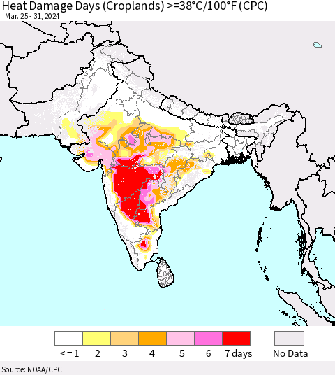 Southern Asia Heat Damage Days (Croplands) >=38°C/100°F (CPC) Thematic Map For 3/25/2024 - 3/31/2024