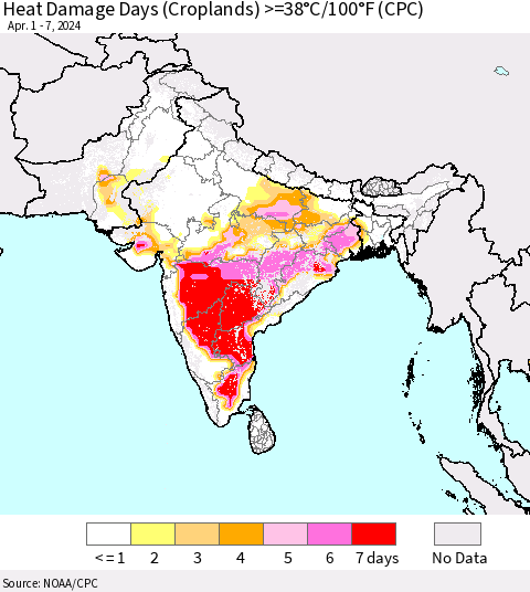Southern Asia Heat Damage Days (Croplands) >=38°C/100°F (CPC) Thematic Map For 4/1/2024 - 4/7/2024