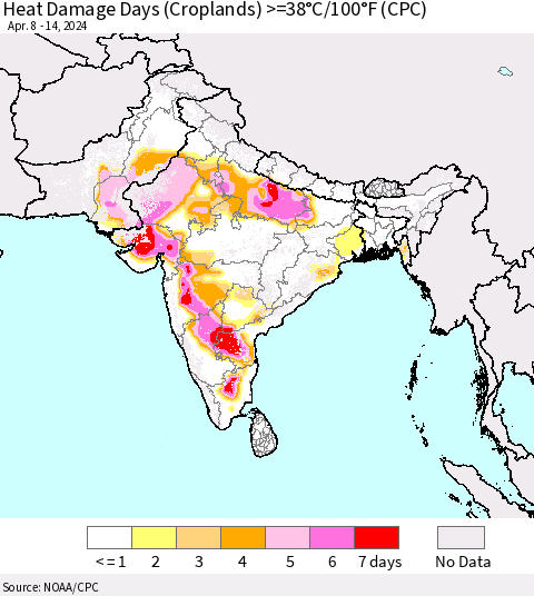 Southern Asia Heat Damage Days (Croplands) >=38°C/100°F (CPC) Thematic Map For 4/8/2024 - 4/14/2024