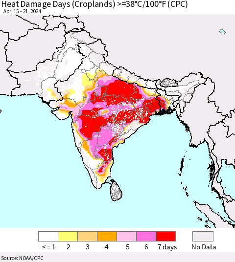 Southern Asia Heat Damage Days (Croplands) >=38°C/100°F (CPC) Thematic Map For 4/15/2024 - 4/21/2024