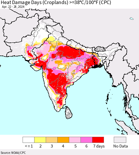 Southern Asia Heat Damage Days (Croplands) >=38°C/100°F (CPC) Thematic Map For 4/22/2024 - 4/28/2024