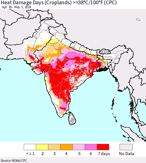 Southern Asia Heat Damage Days (Croplands) >=38°C/100°F (CPC) Thematic Map For 4/29/2024 - 5/5/2024