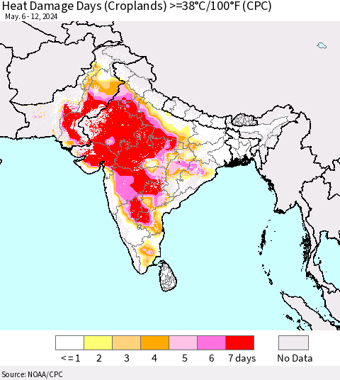 Southern Asia Heat Damage Days (Croplands) >=38°C/100°F (CPC) Thematic Map For 5/6/2024 - 5/12/2024