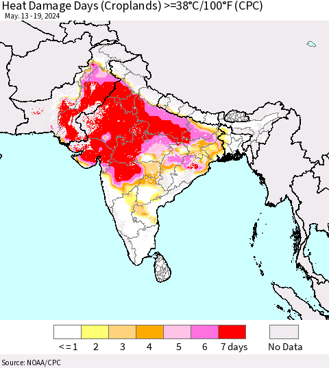 Southern Asia Heat Damage Days (Croplands) >=38°C/100°F (CPC) Thematic Map For 5/13/2024 - 5/19/2024