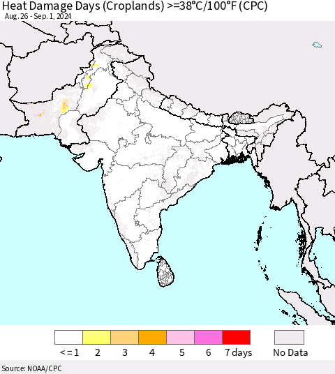 Southern Asia Heat Damage Days (Croplands) >=38°C/100°F (CPC) Thematic Map For 8/26/2024 - 9/1/2024