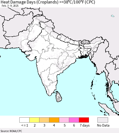 Southern Asia Heat Damage Days (Croplands) >=38°C/100°F (CPC) Thematic Map For 2/3/2025 - 2/9/2025