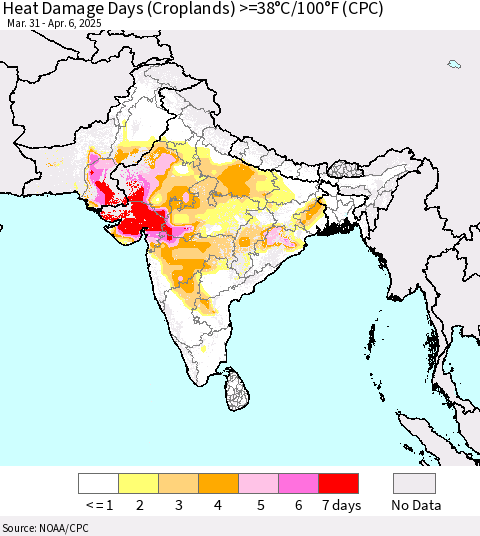 Southern Asia Heat Damage Days (Croplands) >=38°C/100°F (CPC) Thematic Map For 3/31/2025 - 4/6/2025