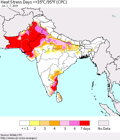 Southern Asia Heat Stress Days >=35°C/95°F (CPC) Thematic Map For 7/1/2019 - 7/7/2019