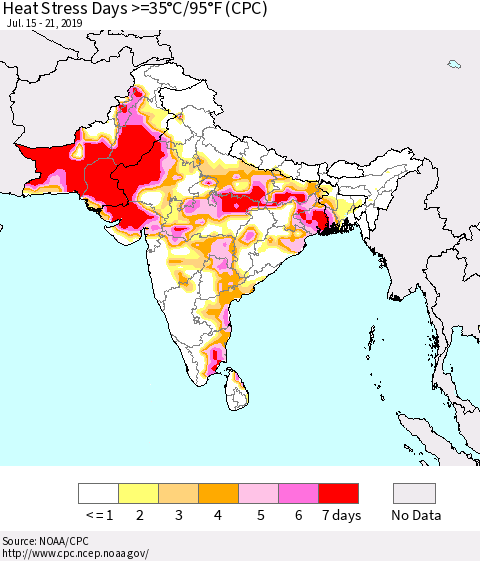 Southern Asia Heat Stress Days >=35°C/95°F (CPC) Thematic Map For 7/15/2019 - 7/21/2019