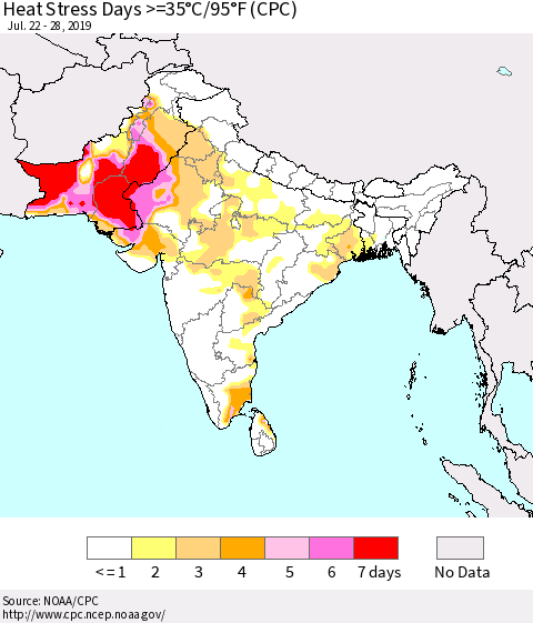 Southern Asia Heat Stress Days >=35°C/95°F (CPC) Thematic Map For 7/22/2019 - 7/28/2019