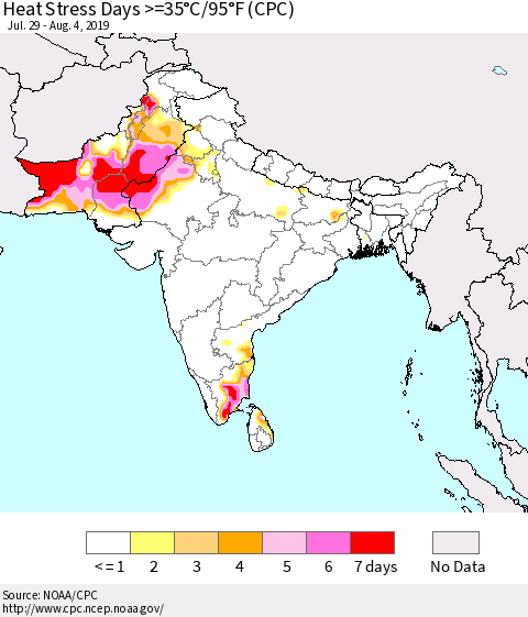 Southern Asia Heat Stress Days >=35°C/95°F (CPC) Thematic Map For 7/29/2019 - 8/4/2019