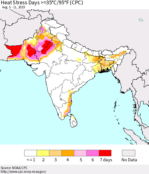 Southern Asia Heat Stress Days >=35°C/95°F (CPC) Thematic Map For 8/5/2019 - 8/11/2019