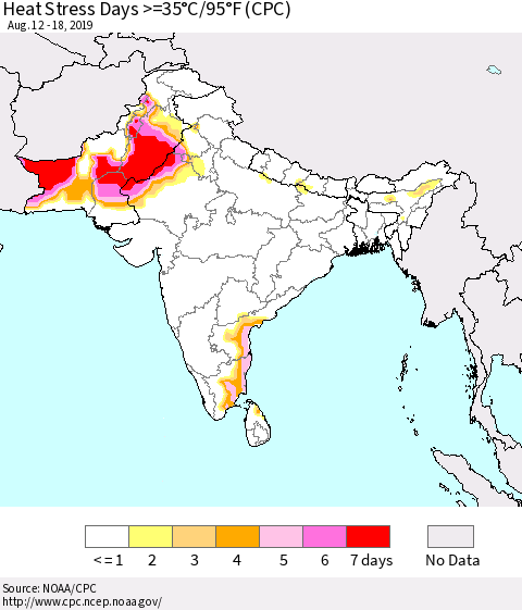 Southern Asia Heat Stress Days >=35°C/95°F (CPC) Thematic Map For 8/12/2019 - 8/18/2019