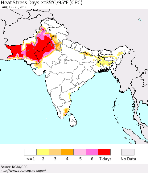 Southern Asia Heat Stress Days >=35°C/95°F (CPC) Thematic Map For 8/19/2019 - 8/25/2019