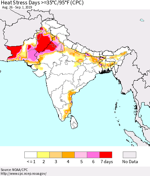 Southern Asia Heat Stress Days >=35°C/95°F (CPC) Thematic Map For 8/26/2019 - 9/1/2019
