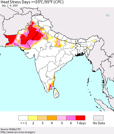Southern Asia Heat Stress Days >=35°C/95°F (CPC) Thematic Map For 9/2/2019 - 9/8/2019