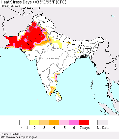 Southern Asia Heat Stress Days >=35°C/95°F (CPC) Thematic Map For 9/9/2019 - 9/15/2019