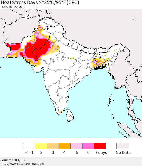 Southern Asia Heat Stress Days >=35°C/95°F (CPC) Thematic Map For 9/16/2019 - 9/22/2019