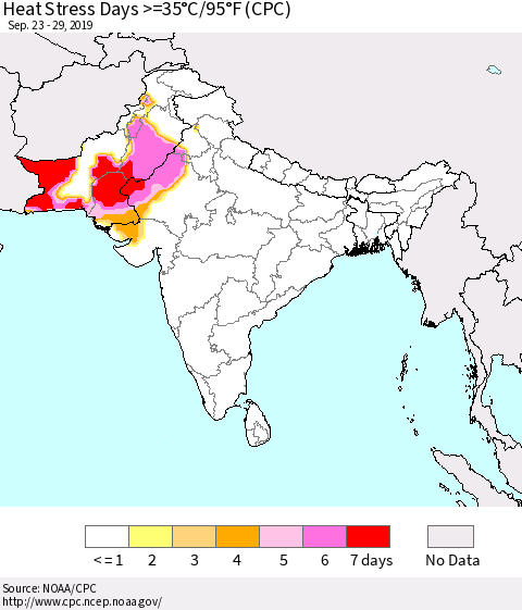 Southern Asia Heat Stress Days >=35°C/95°F (CPC) Thematic Map For 9/23/2019 - 9/29/2019