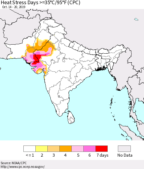 Southern Asia Heat Stress Days >=35°C/95°F (CPC) Thematic Map For 10/14/2019 - 10/20/2019
