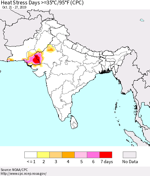 Southern Asia Heat Stress Days >=35°C/95°F (CPC) Thematic Map For 10/21/2019 - 10/27/2019