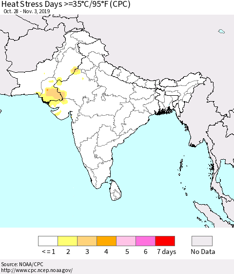 Southern Asia Heat Stress Days >=35°C/95°F (CPC) Thematic Map For 10/28/2019 - 11/3/2019