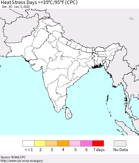 Southern Asia Heat Stress Days >=35°C/95°F (CPC) Thematic Map For 12/30/2019 - 1/5/2020