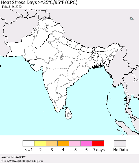 Southern Asia Heat Stress Days >=35°C/95°F (CPC) Thematic Map For 2/3/2020 - 2/9/2020
