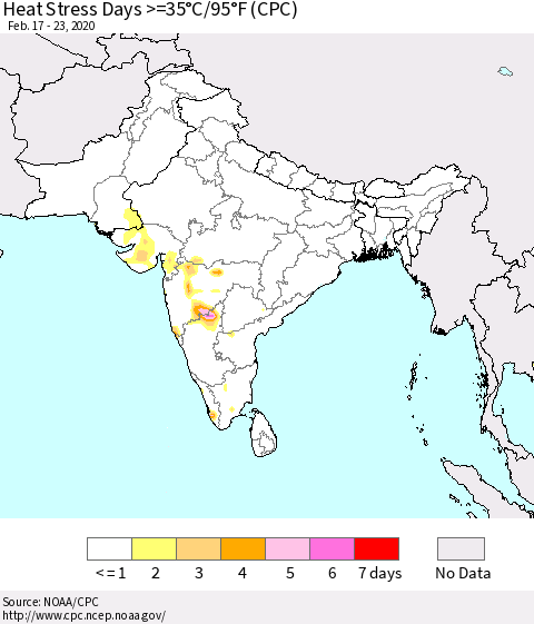 Southern Asia Heat Stress Days >=35°C/95°F (CPC) Thematic Map For 2/17/2020 - 2/23/2020