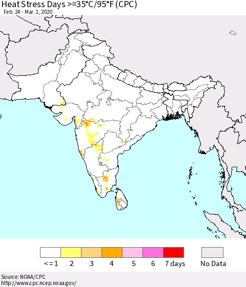 Southern Asia Heat Stress Days >=35°C/95°F (CPC) Thematic Map For 2/24/2020 - 3/1/2020