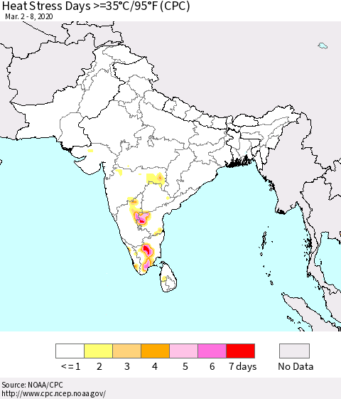 Southern Asia Heat Stress Days >=35°C/95°F (CPC) Thematic Map For 3/2/2020 - 3/8/2020