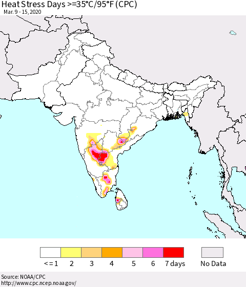 Southern Asia Heat Stress Days >=35°C/95°F (CPC) Thematic Map For 3/9/2020 - 3/15/2020