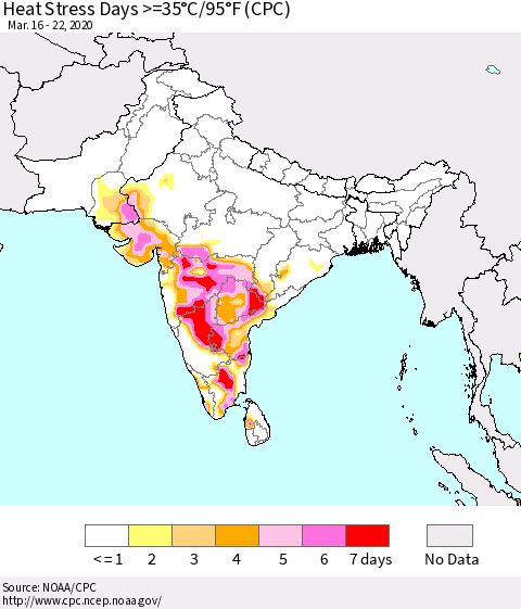 Southern Asia Heat Stress Days >=35°C/95°F (CPC) Thematic Map For 3/16/2020 - 3/22/2020