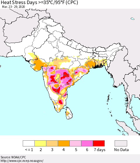 Southern Asia Heat Stress Days >=35°C/95°F (CPC) Thematic Map For 3/23/2020 - 3/29/2020
