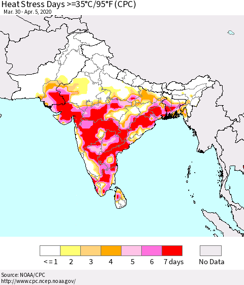 Southern Asia Heat Stress Days >=35°C/95°F (CPC) Thematic Map For 3/30/2020 - 4/5/2020
